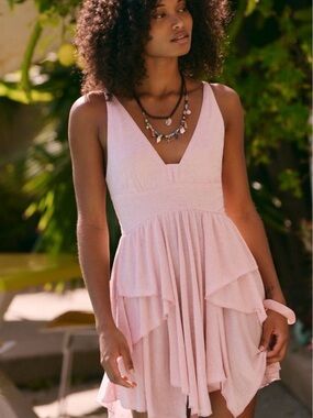 Free People Star Gaze Mini Dress Pink V-Neck Tiered Summer Dress